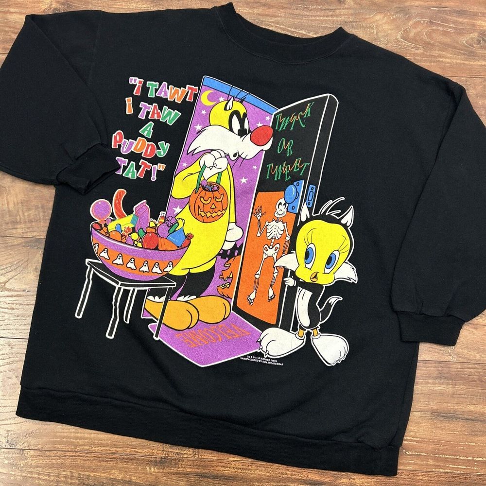 VINTAGE Sylvester Tweety Halloween Sweatshirt Women 20W/2X Looney Tunes‎ Black